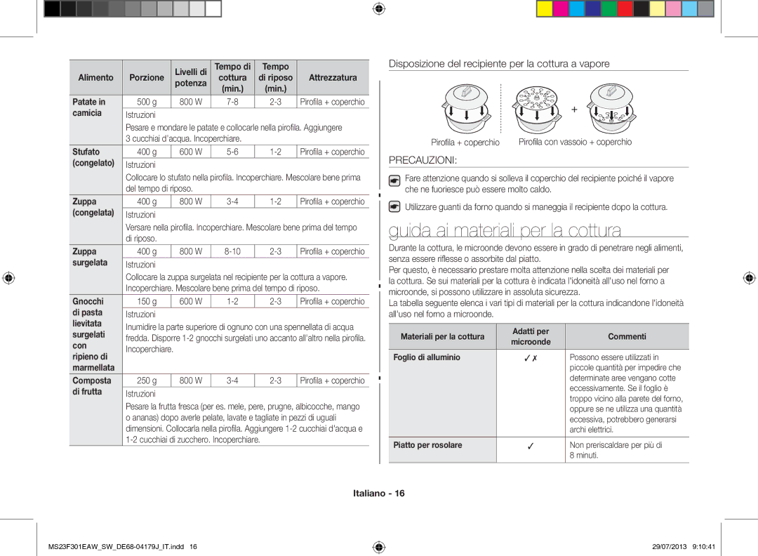 Samsung MS23F301EAW/EO, MS23F301EAS/EO, MS23F301EAW/SW manual Guida ai materiali per la cottura, Precauzioni 