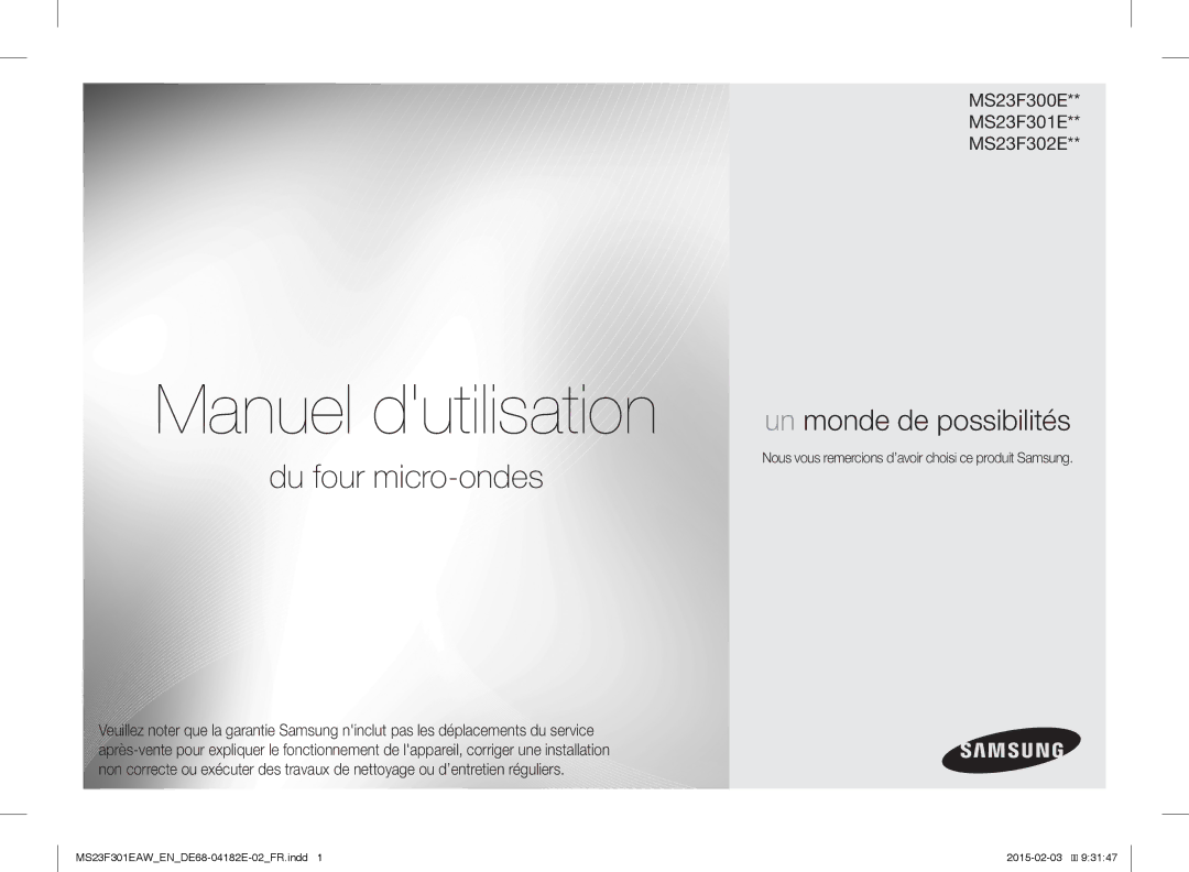 Samsung MS23F301EAS/EG, MS23F301EAW/EG manual Manuel dutilisation, Nous vous remercions d’avoir choisi ce produit Samsung 