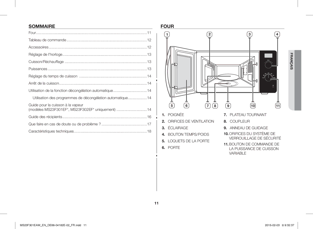 Samsung MS23F301EAS/EN, MS23F301EAW/EG, MS23F301EAS/EG manual Sommaire, Four, Guide pour la cuisson à la vapeur, Accessoires 