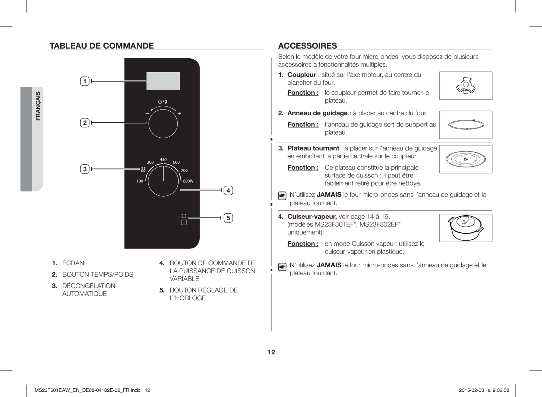 Samsung MS23F301ELW/EN, MS23F301EAW/EG, MS23F301EAS/EG, MS23F301ELW/EG, MS23F301EAW/EF manual Tableau DE Commande, Accessoires 