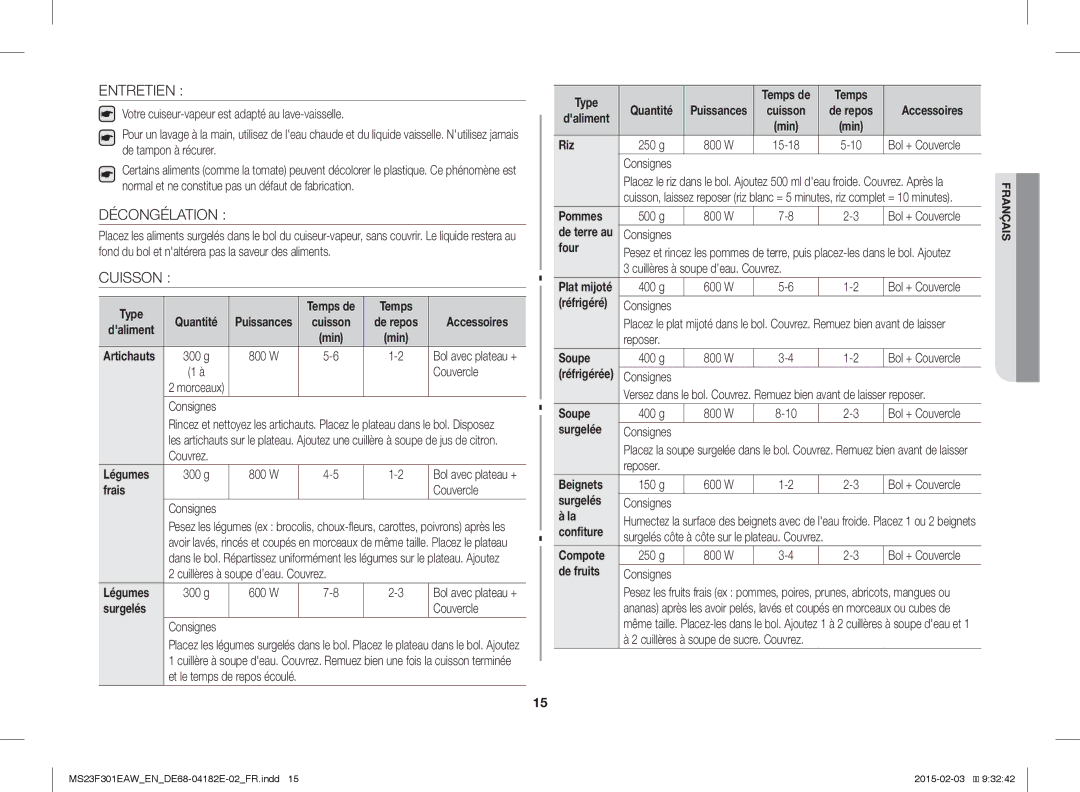 Samsung MS23F301EAS/EG, MS23F301EAW/EG, MS23F301ELW/EG, MS23F301EAW/EF, MS23F301EAS/EN manual Entretien, Décongélation, Cuisson 