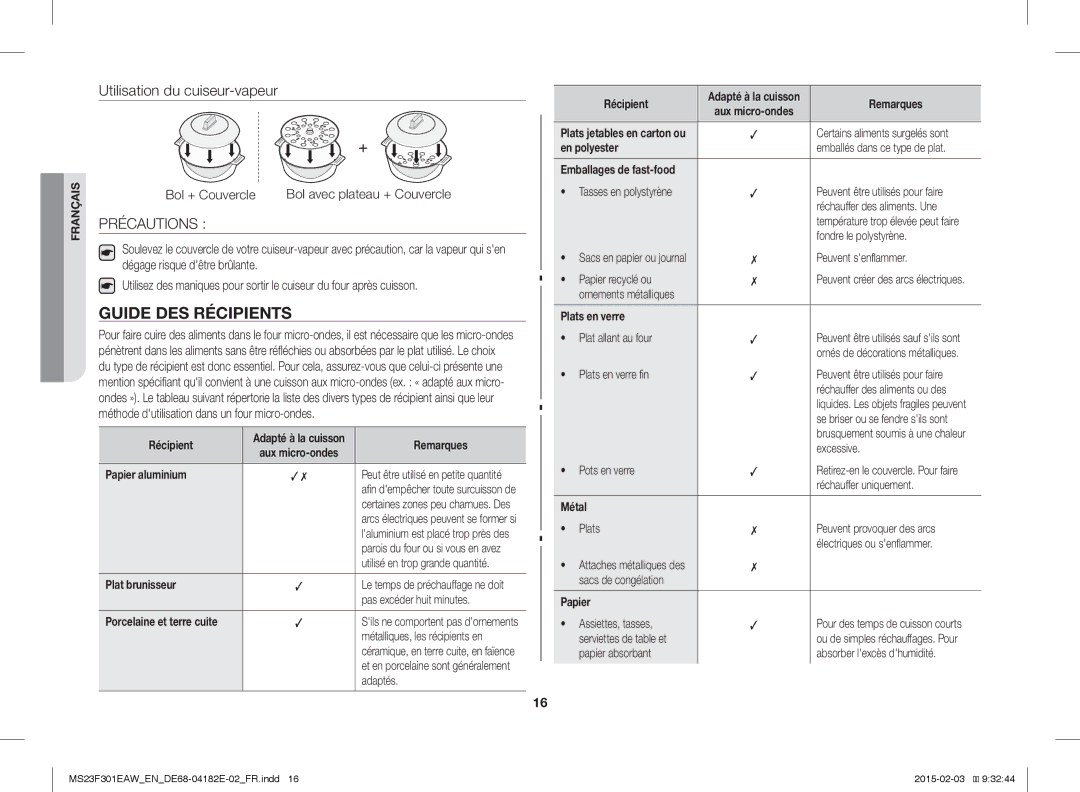 Samsung MS23F301ELW/EG, MS23F301EAW/EG, MS23F301EAS/EG, MS23F301EAW/EF, MS23F301EAS/EN manual Guide DES Récipients, Précautions 