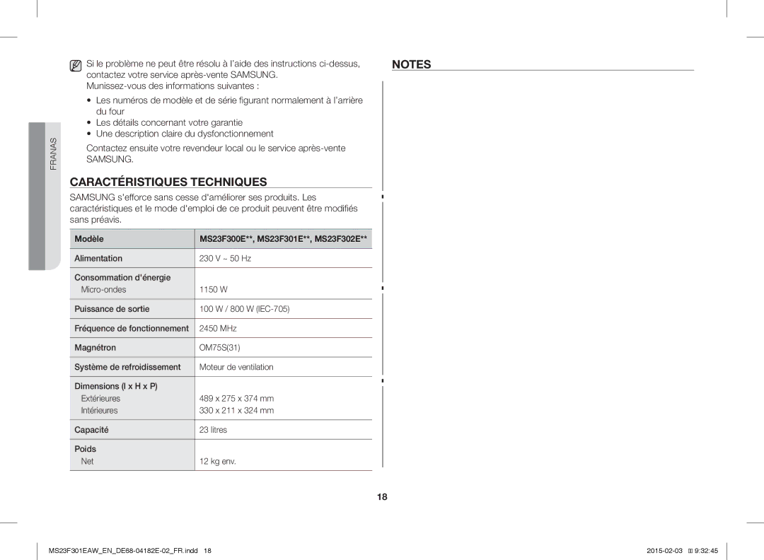 Samsung MS23F301EAS/EN, MS23F301EAW/EG, MS23F301EAS/EG, MS23F301ELW/EG manual Caractéristiques Techniques, Modèle, 2450 MHz 