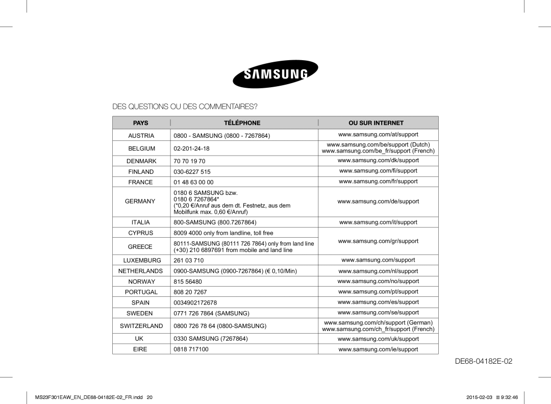 Samsung MS23F301EAK/EN Samsung 0800, 0180 6 Samsung bzw, 20 €/Anruf aus dem dt. Festnetz, aus dem, 0771 726 7864 Samsung 