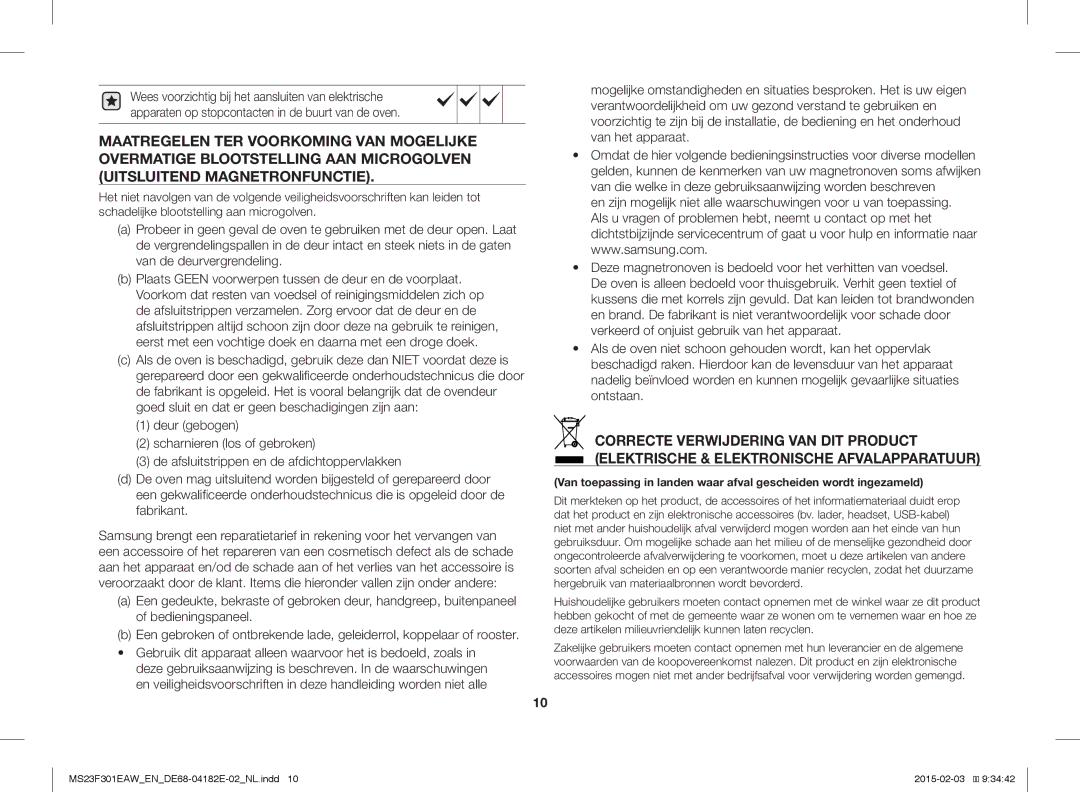 Samsung MS23F301ELW/EG, MS23F301EAW/EG, MS23F301EAS/EG, MS23F301EAW/EF, MS23F301EAS/EN, MS23F301ELW/EN manual Nederlands 