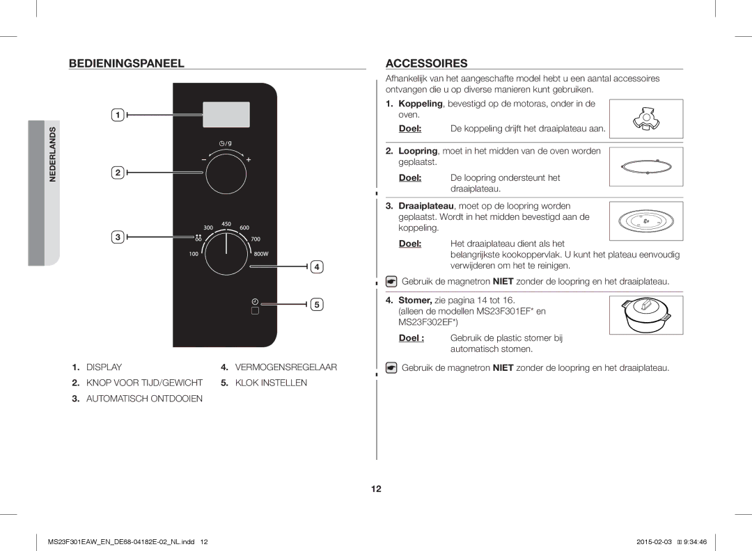 Samsung MS23F301EAS/EN, MS23F301EAW/EG, MS23F301EAS/EG, MS23F301ELW/EG, MS23F301EAW/EF manual Bedieningspaneel, Accessoires 