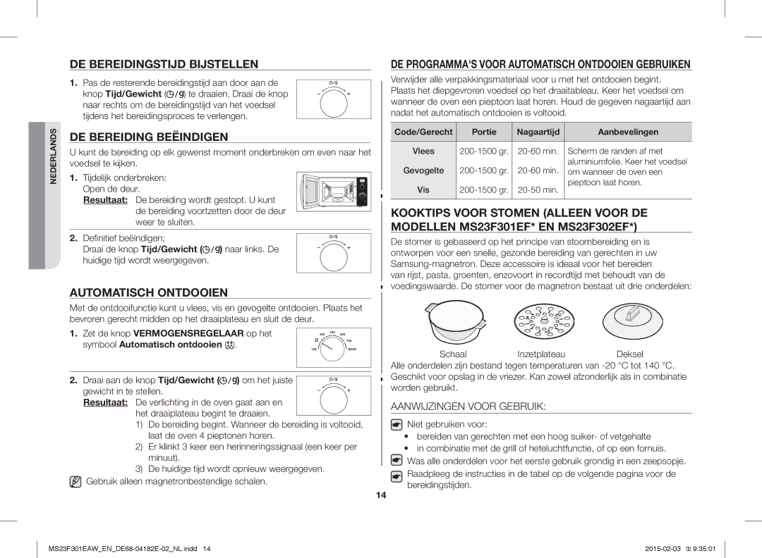 Samsung MS23F301EAK/EN, MS23F301EAW/EG manual DE Bereidingstijd Bijstellen, DE Bereiding Beëindigen, Automatisch Ontdooien 