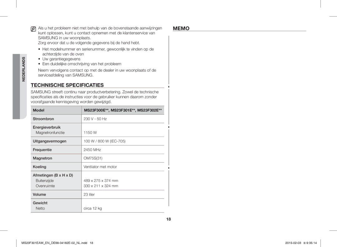 Samsung MS23F301EAW/EF, MS23F301EAW/EG, MS23F301EAS/EG, MS23F301ELW/EG, MS23F301EAS/EN Memo, Technische Specificaties, Model 