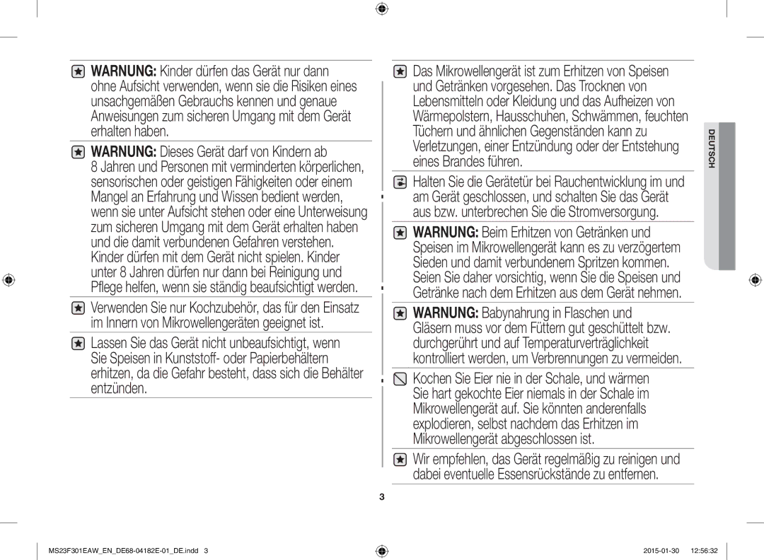 Samsung MS23F301EAS/EG, MS23F301EAW/EG, MS23F301ELW/EG, MS23F301EAW/EF manual Warnung Dieses Gerät darf von Kindern ab 