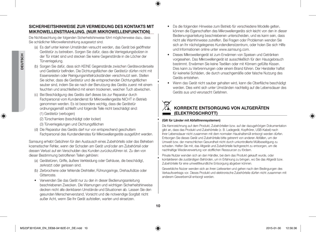 Samsung MS23F301EAS/EG, MS23F301EAW/EG, MS23F301ELW/EG, MS23F301EAW/EF Korrekte Entsorgung VON Altgeräten Elektroschrott 