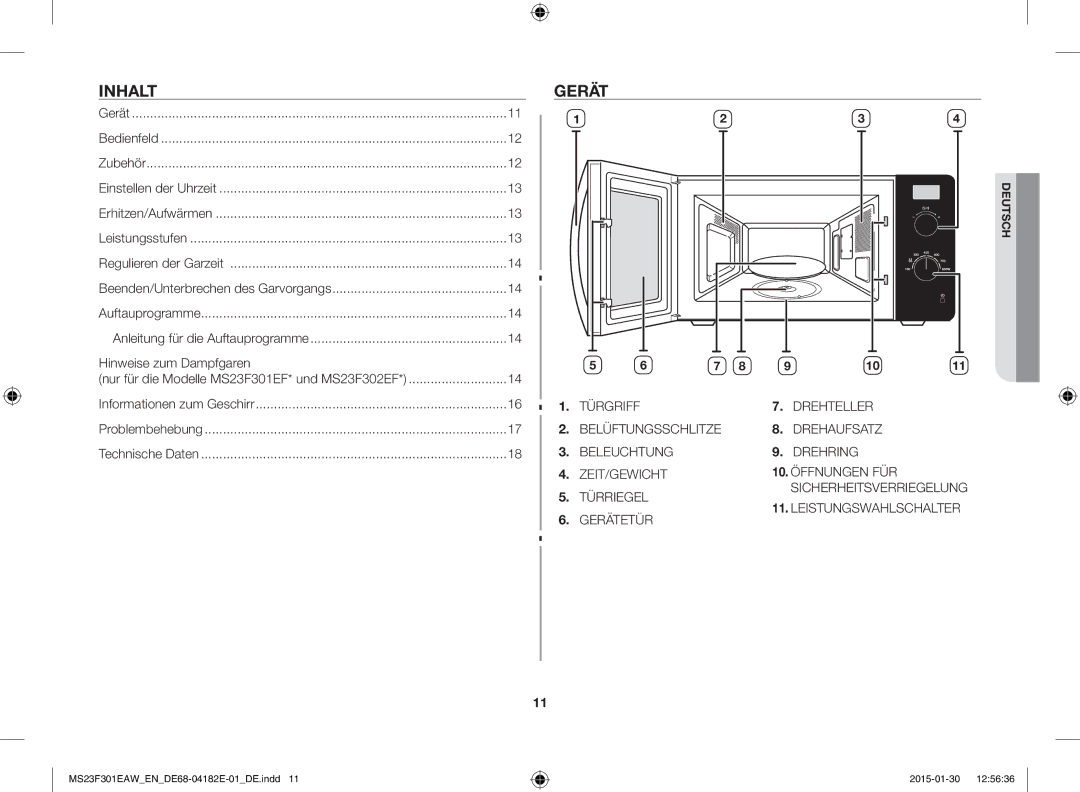 Samsung MS23F301ELW/EG, MS23F301EAW/EG, MS23F301EAS/EG, MS23F301EAW/EF, MS23F301EAS/EN Inhalt, Gerät, Hinweise zum Dampfgaren 