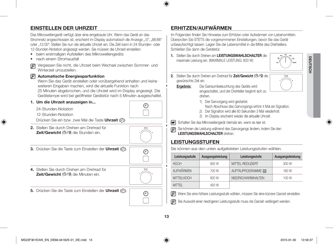 Samsung MS23F301EAS/EN, MS23F301EAW/EG, MS23F301EAS/EG manual Einstellen DER Uhrzeit, Erhitzen/Aufwärmen, Leistungsstufen 