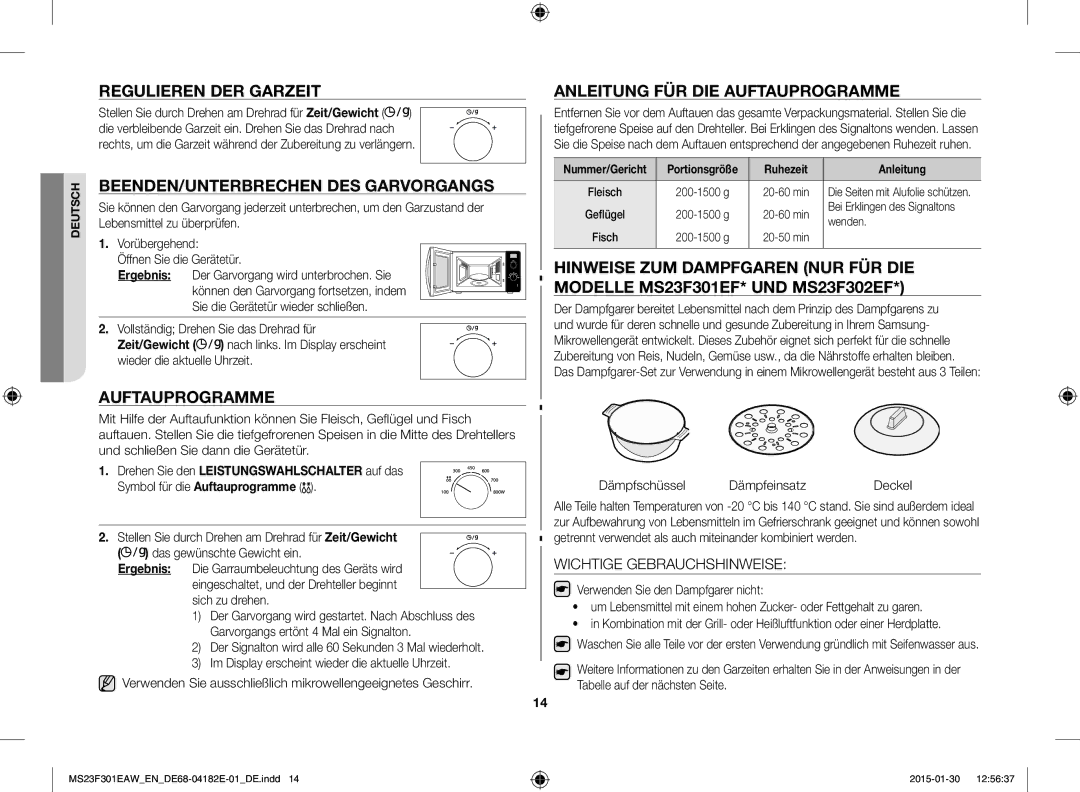 Samsung MS23F301ELW/EN, MS23F301EAW/EG manual Regulieren DER Garzeit, BEENDEN/UNTERBRECHEN DES Garvorgangs, Auftauprogramme 