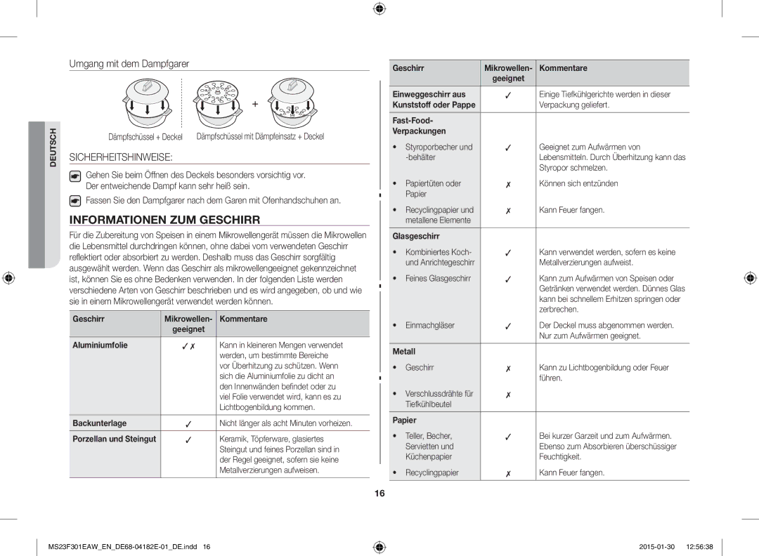 Samsung MS23F301EAW/EG, MS23F301EAS/EG, MS23F301ELW/EG, MS23F301EAW/EF manual Informationen ZUM Geschirr, Sicherheitshinweise 