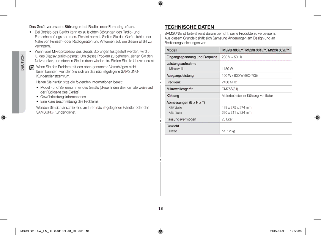 Samsung MS23F301ELW/EG, MS23F301EAW/EG, MS23F301EAS/EG, MS23F301EAW/EF, MS23F301EAS/EN manual Technische Daten, Modell 