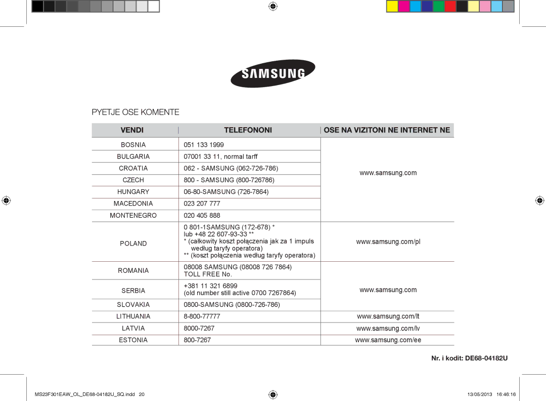 Samsung MS23F301EAW/OL, MS23F301EAK/OL manual 051 133, Nr. i kodit DE68-04182U 