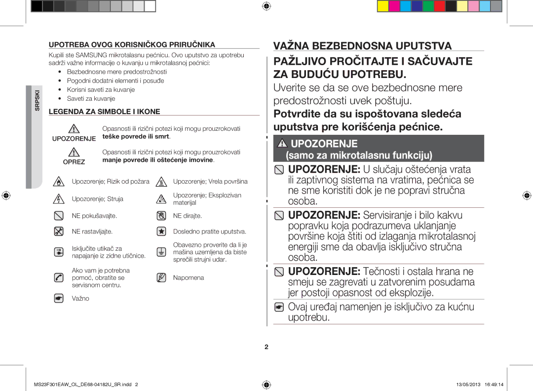 Samsung MS23F301EAW/OL, MS23F301EAK/OL manual Potvrdite da su ispoštovana sledeća, Uputstva pre korišćenja pećnice 