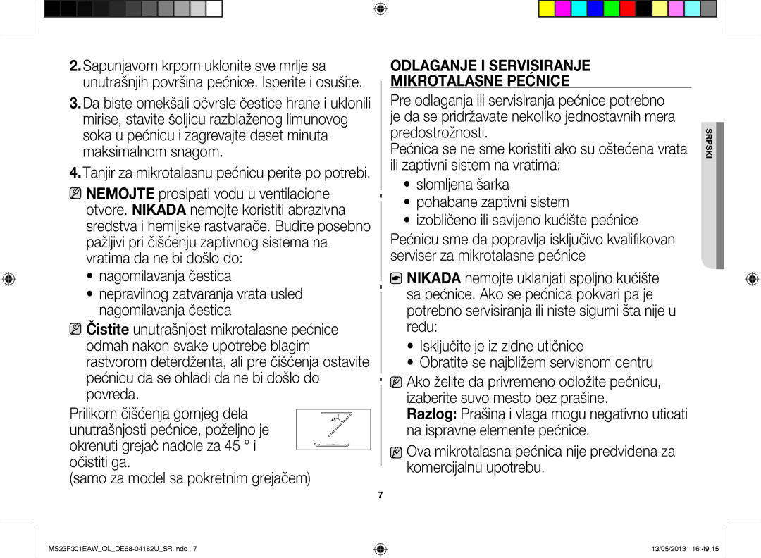 Samsung MS23F301EAK/OL manual Sapunjavom krpom uklonite sve mrlje sa, Odlaganje i servisiranje, Mikrotalasne pećnice 