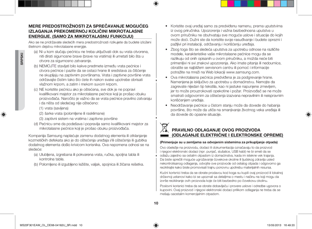 Samsung MS23F301EAW/OL, MS23F301EAK/OL manual Srpski 