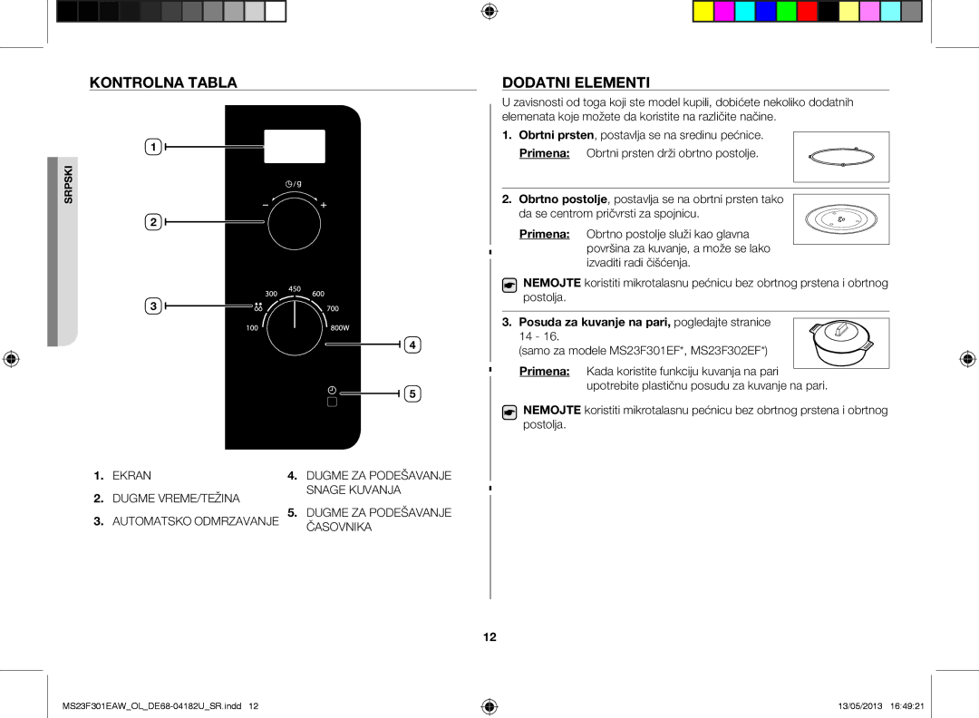 Samsung MS23F301EAW/OL manual Kontrolna tabla, Dodatni elementi, Primena, Posuda za kuvanje na pari, pogledajte stranice 14 