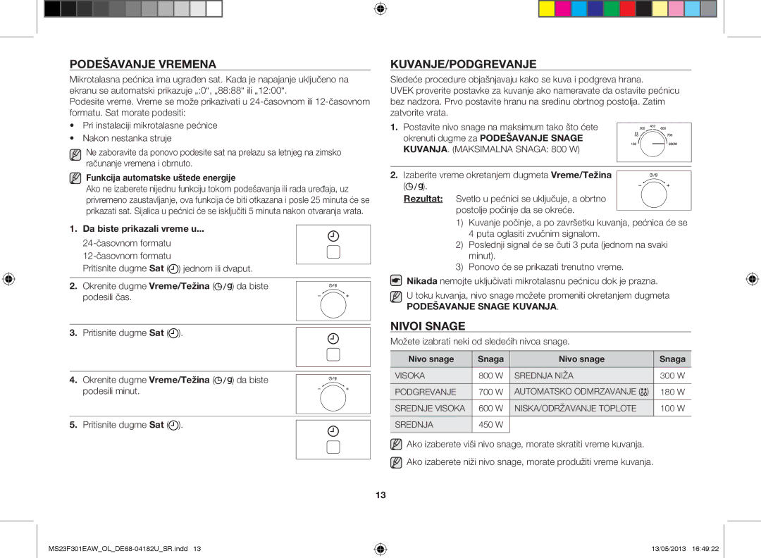 Samsung MS23F301EAK/OL manual Podešavanje vremena, Kuvanje/Podgrevanje, Nivoi snage, Funkcija automatske uštede energije 