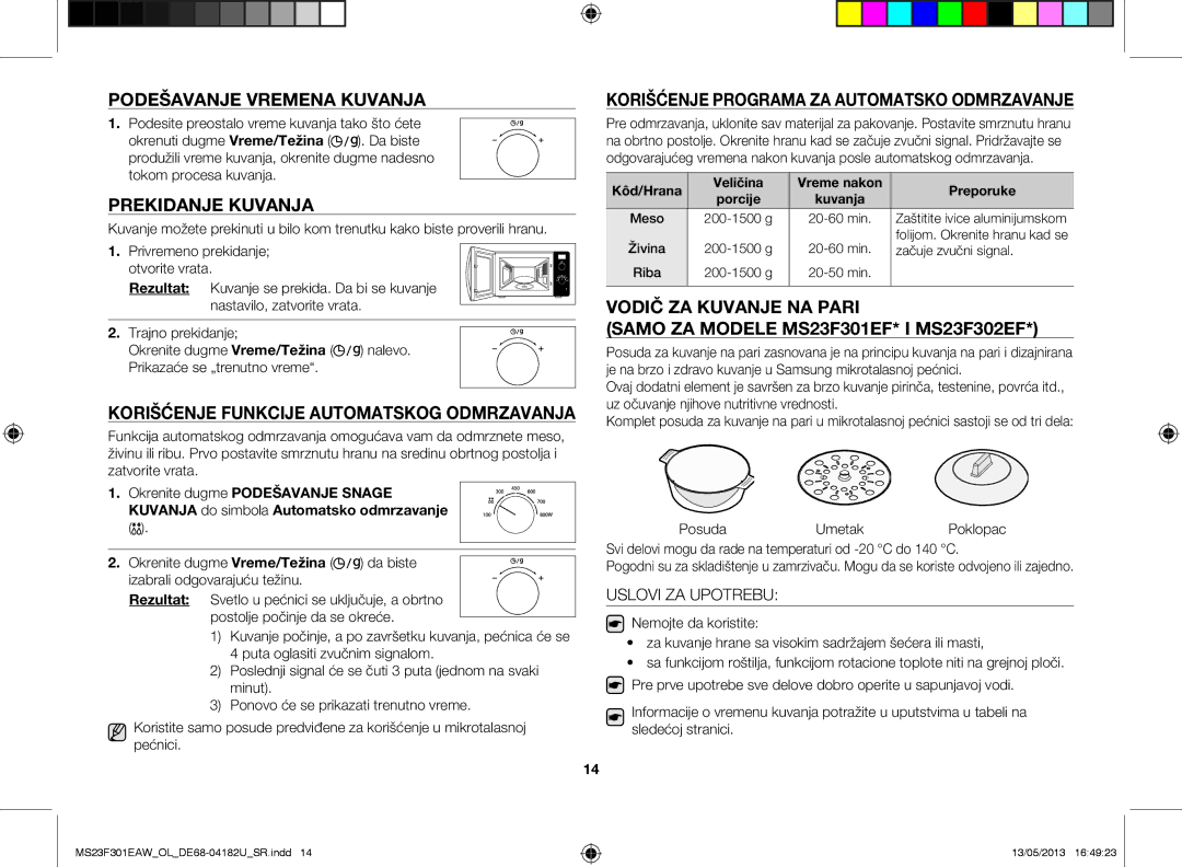 Samsung MS23F301EAW/OL manual Podešavanje vremena kuvanja, Prekidanje kuvanja, Korišćenje funkcije automatskog odmrzavanja 