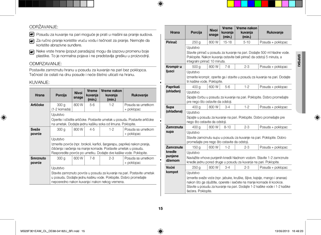 Samsung MS23F301EAK/OL, MS23F301EAW/OL manual Odmrzavanje, Kuvanje 