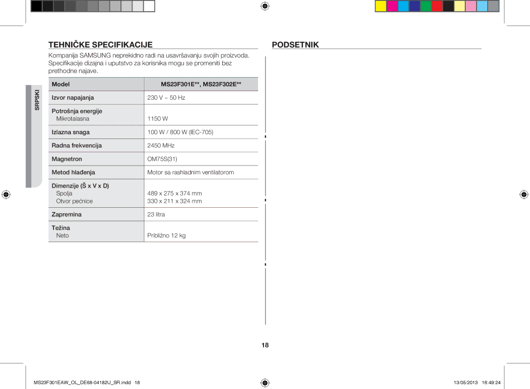 Samsung MS23F301EAW/OL, MS23F301EAK/OL manual Tehničke specifikacije Podsetnik, Model MS23F301E**, MS23F302E 