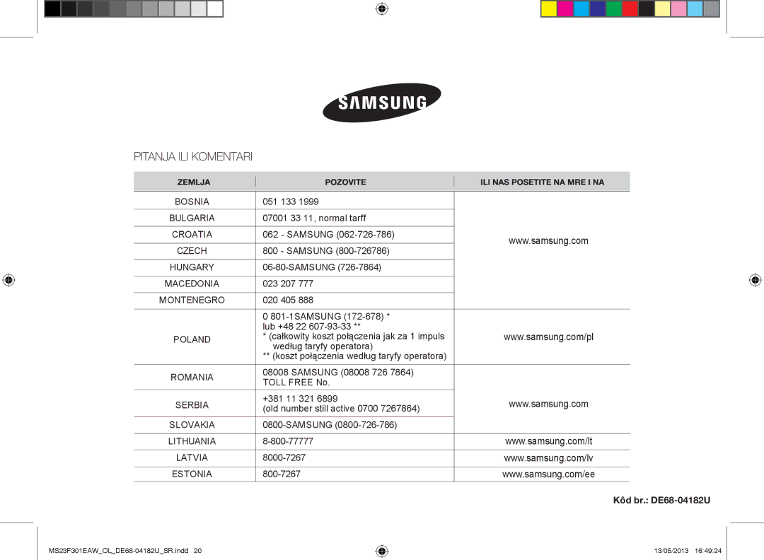 Samsung MS23F301EAW/OL, MS23F301EAK/OL manual 051 133, Kôd br. DE68-04182U 