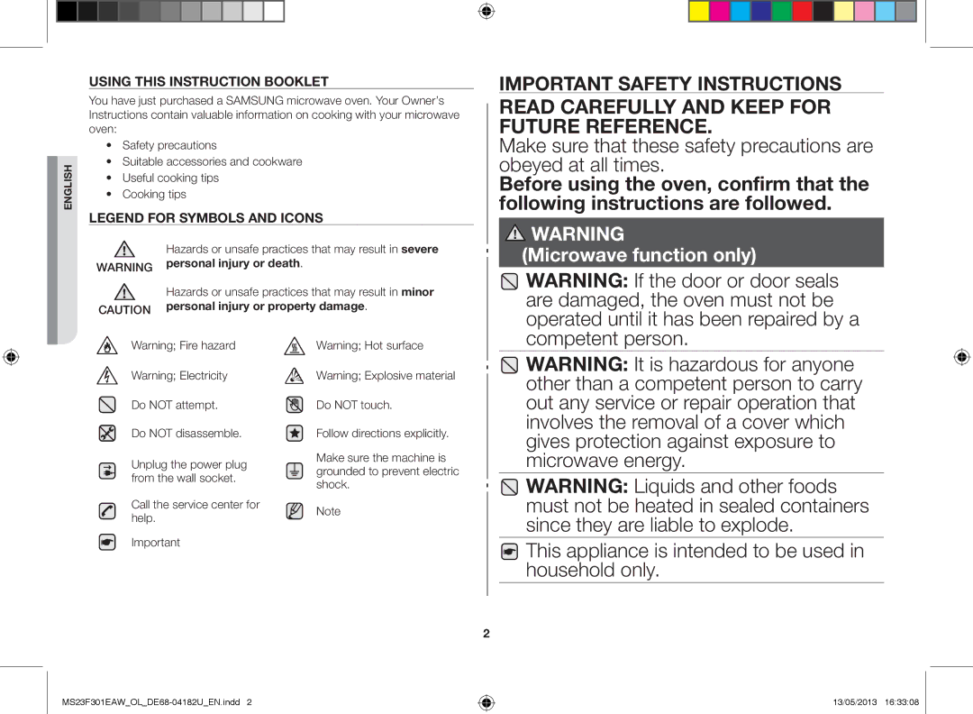 Samsung MS23F301EAW/OL manual This appliance is intended to be used in household only, Personal injury or property damage 