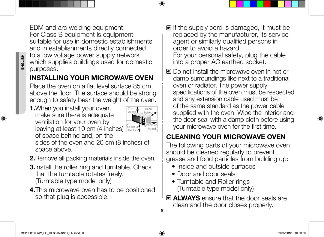 Samsung MS23F301EAW/OL, MS23F301EAK/OL Installing your microwave oven, Sides of the oven and 20 cm 8 inches of space above 