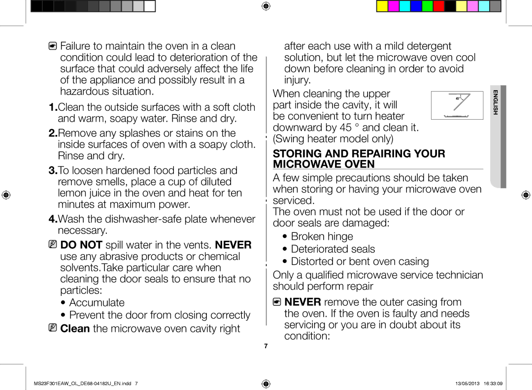 Samsung MS23F301EAK/OL, MS23F301EAW/OL manual Storing and repairing your microwave oven 