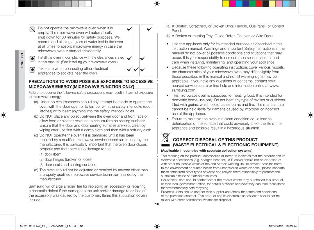 Samsung MS23F301EAW/OL, MS23F301EAK/OL manual Applicable in countries with separate collection systems 