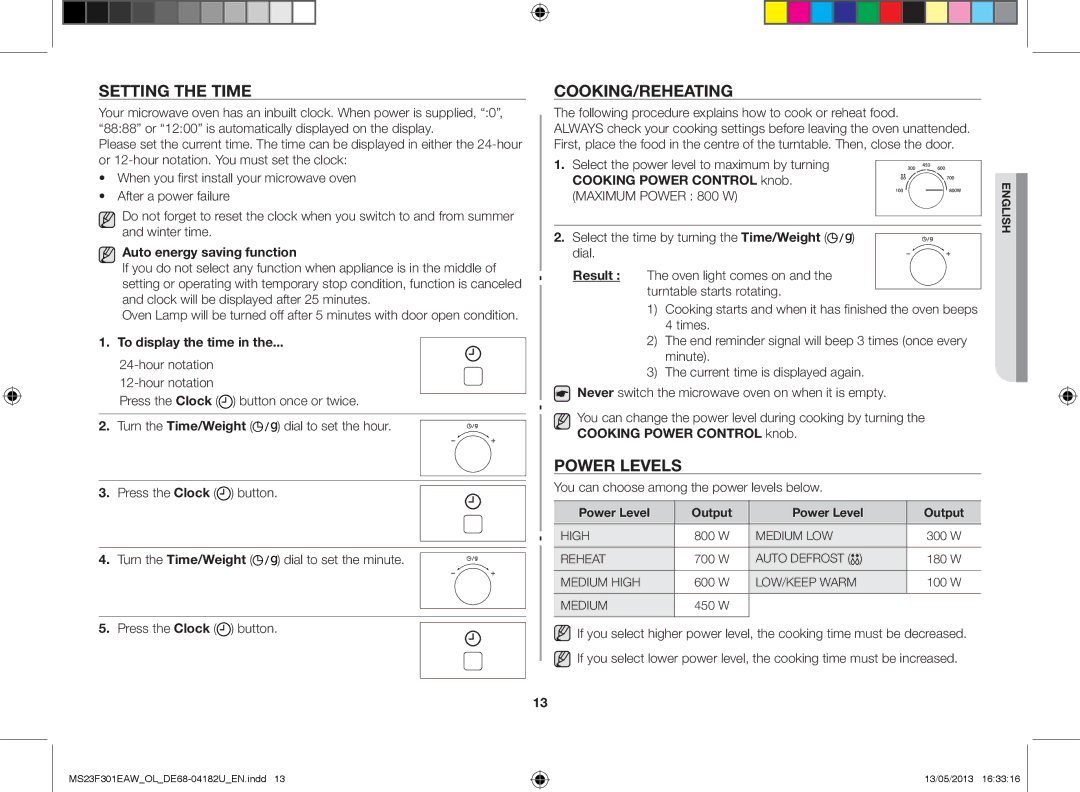 Samsung MS23F301EAK/OL Setting the time, Cooking/Reheating, Power levels, Auto energy saving function, To display the time 