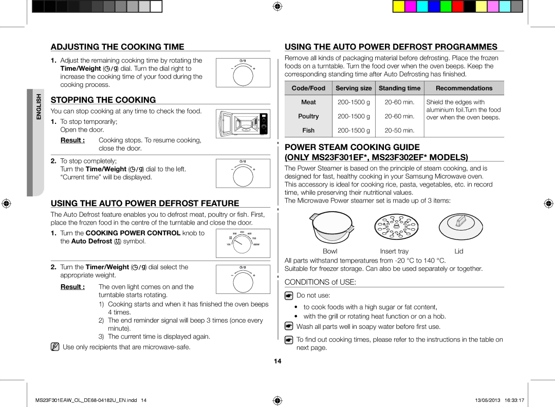 Samsung MS23F301EAW/OL manual Adjusting the cooking time, Stopping the cooking, Using the auto power defrost feature 