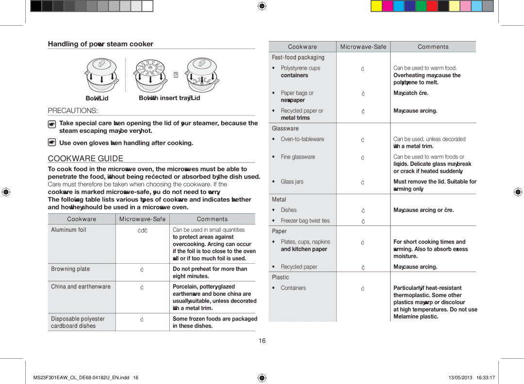 Samsung MS23F301EAW/OL, MS23F301EAK/OL manual Cookware guide, Precautions 