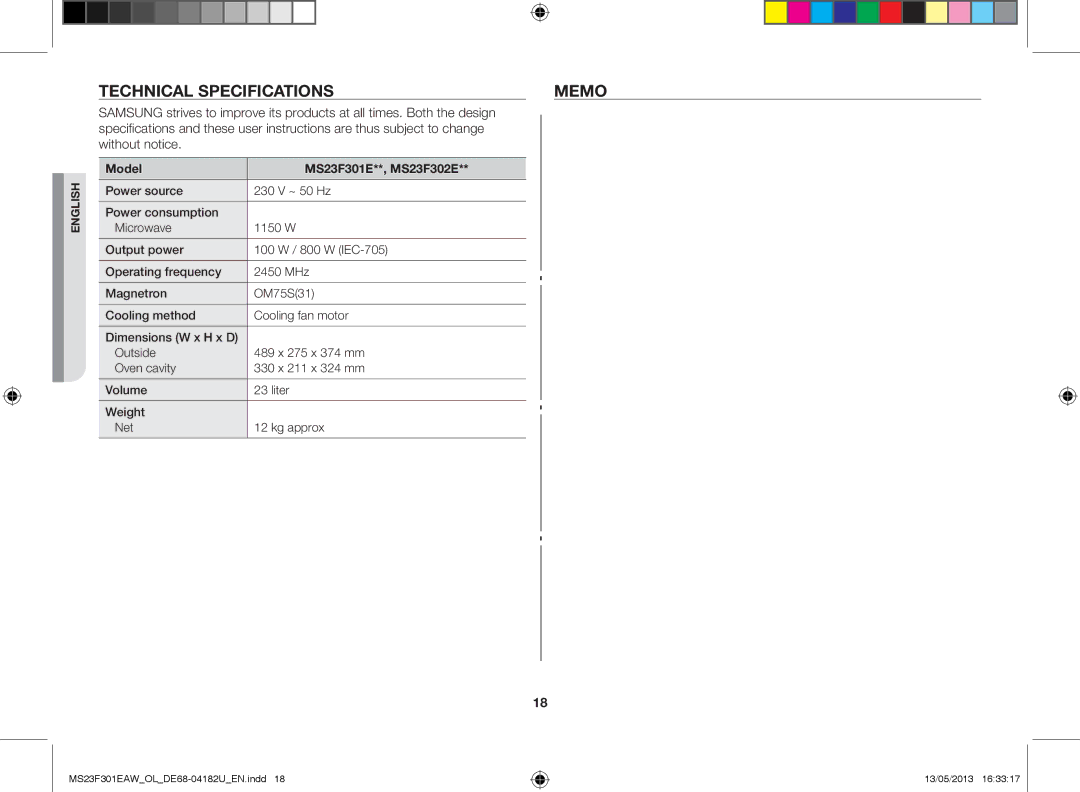 Samsung MS23F301EAW/OL manual Technical specifications Memo, Are thus subject to change Without notice, Power source 