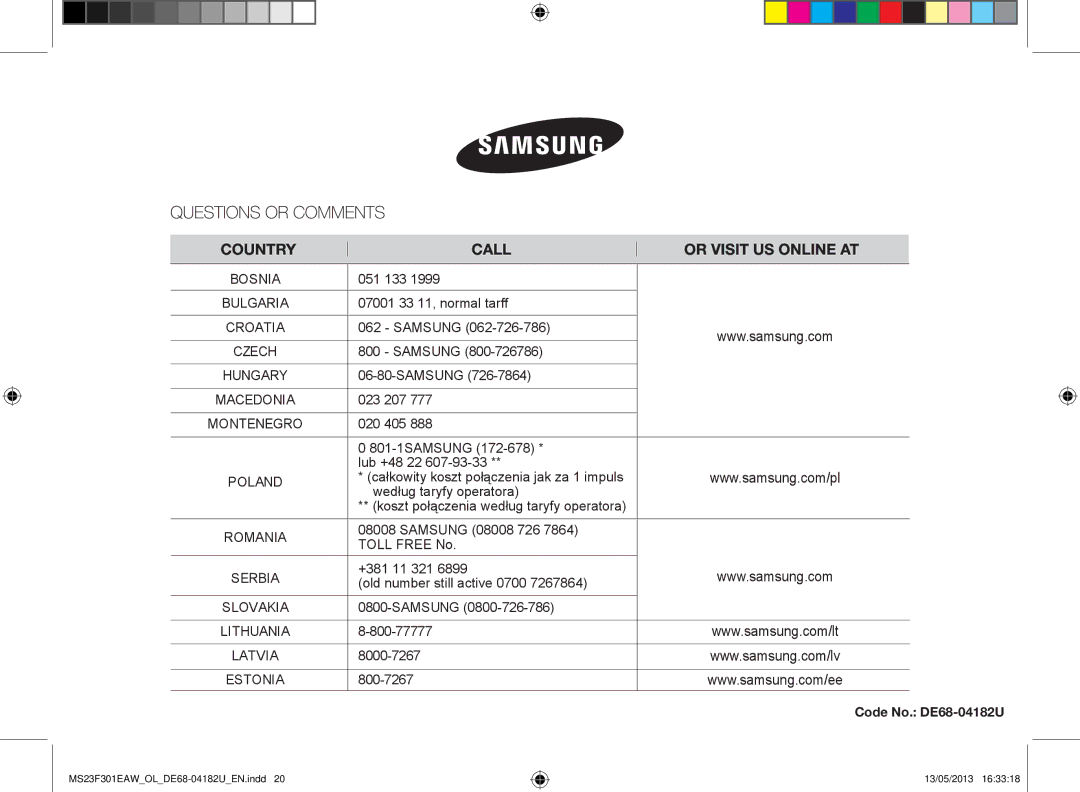 Samsung MS23F301EAW/OL, MS23F301EAK/OL manual 051 133, Code No. DE68-04182U 