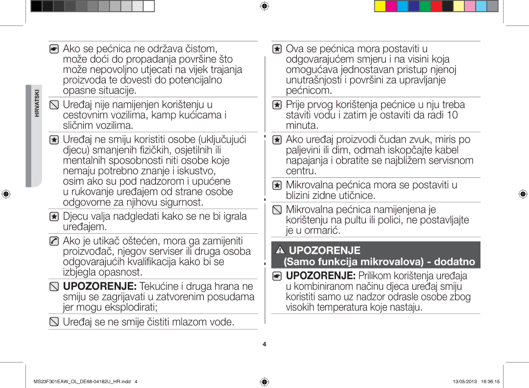 Samsung MS23F301EAW/OL, MS23F301EAK/OL manual Samo funkcija mikrovalova dodatno 