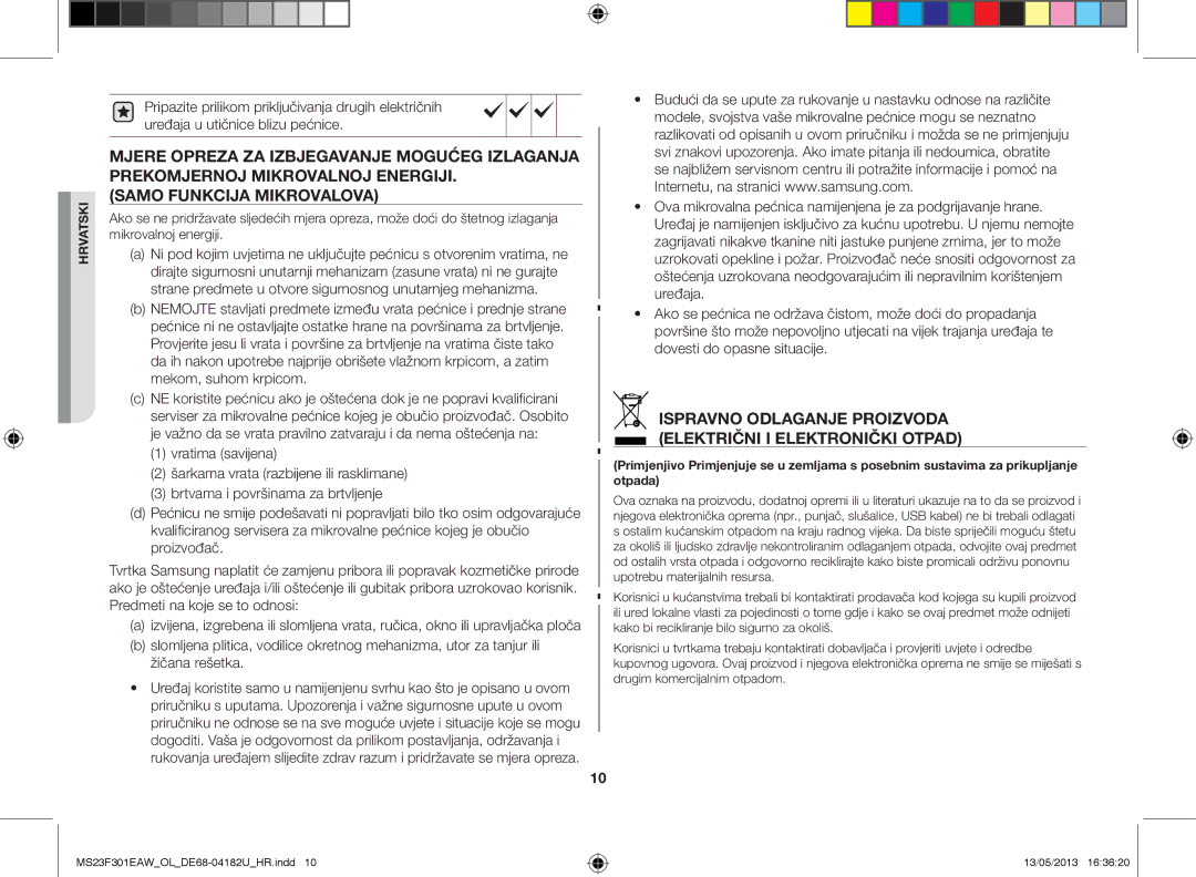 Samsung MS23F301EAW/OL, MS23F301EAK/OL manual Ispravno odlaganje proizvoda Električni i elektronički otpad 