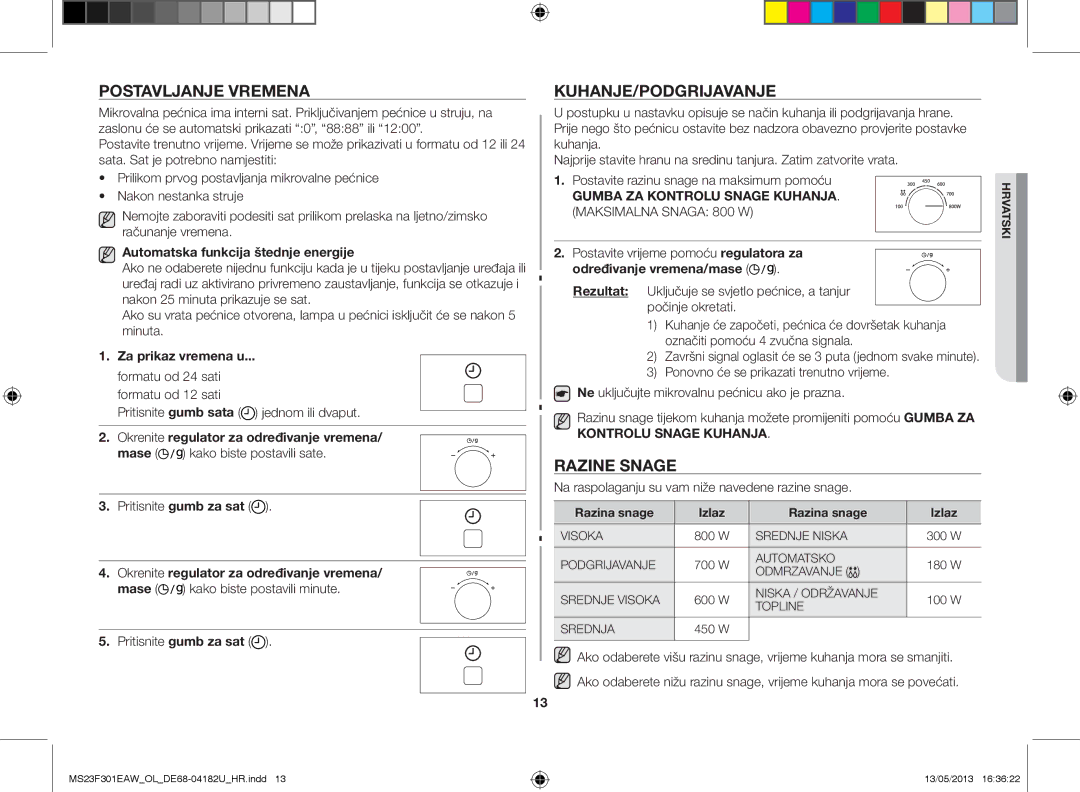 Samsung MS23F301EAK/OL Postavljanje vremena, Kuhanje/podgrijavanje, Razine snage, Automatska funkcija štednje energije 