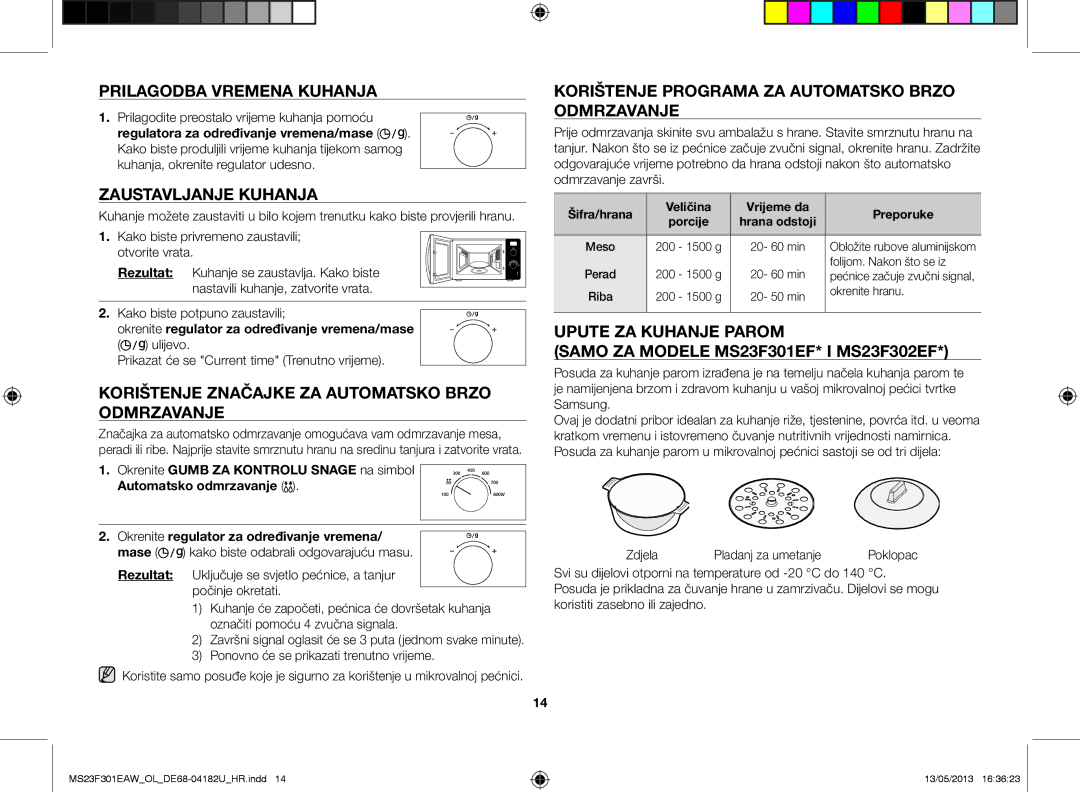 Samsung MS23F301EAW/OL, MS23F301EAK/OL manual Prilagodba vremena kuhanja, Zaustavljanje kuhanja 