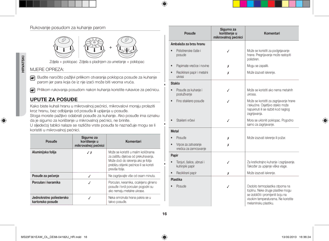 Samsung MS23F301EAW/OL manual Upute za posuđe, Mjere Opreza, Zdjela + poklopac Zdjela s pladnjem za umetanje + poklopac 