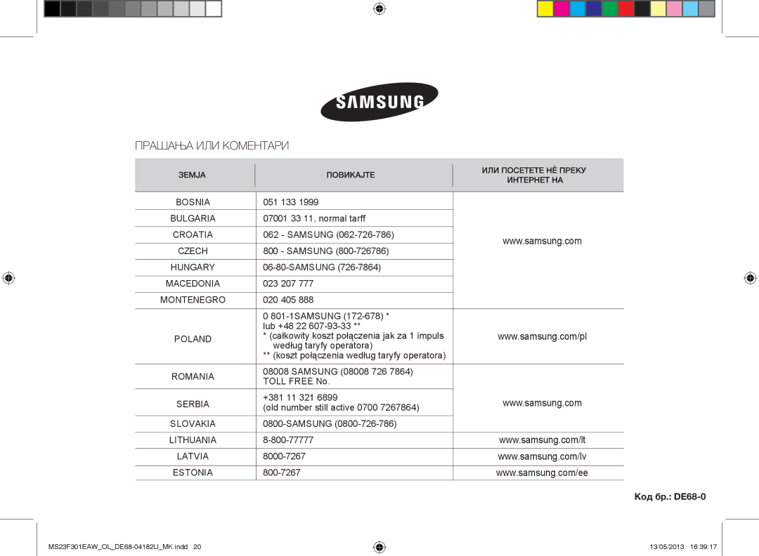 Samsung MS23F301EAW/OL, MS23F301EAK/OL manual 051 133, Код бр. DE68-0 