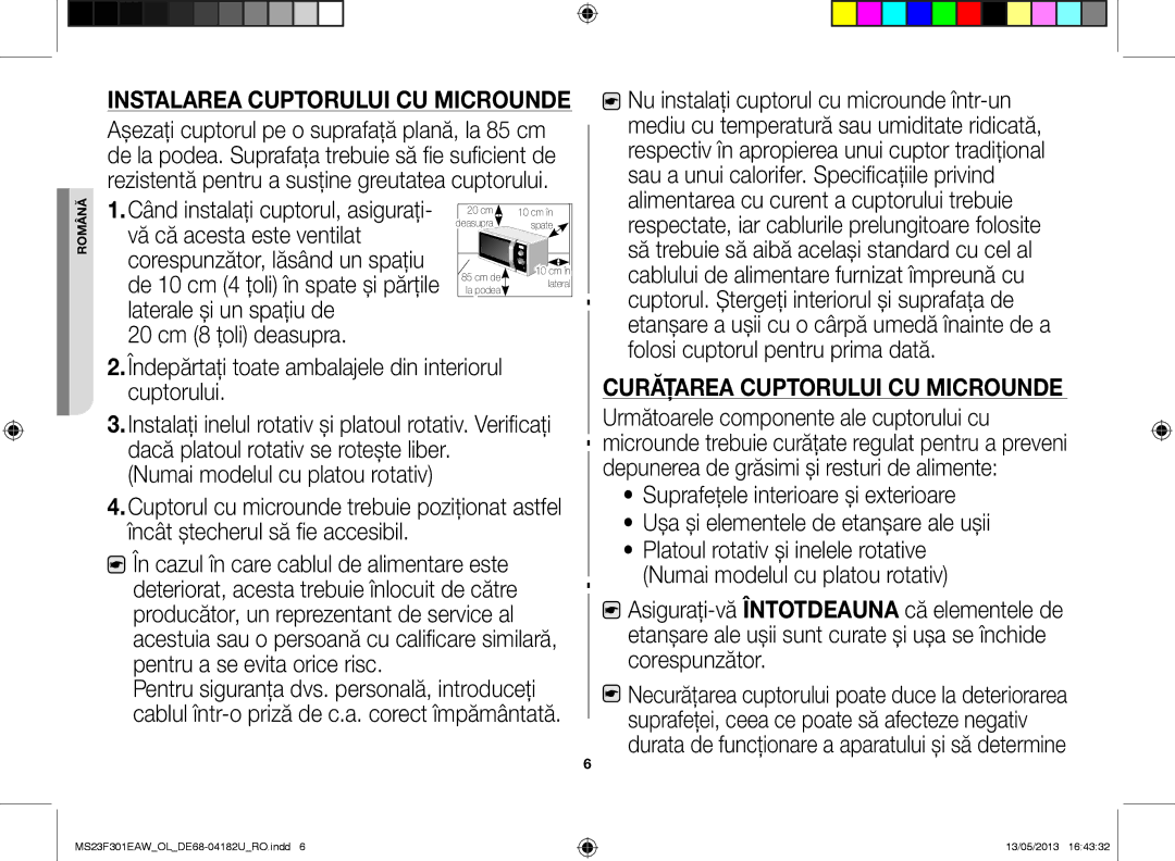 Samsung MS23F301EAW/OL Instalarea cuptorului cu microunde, Vă că acesta este ventilat, Numai modelul cu platou rotativ 