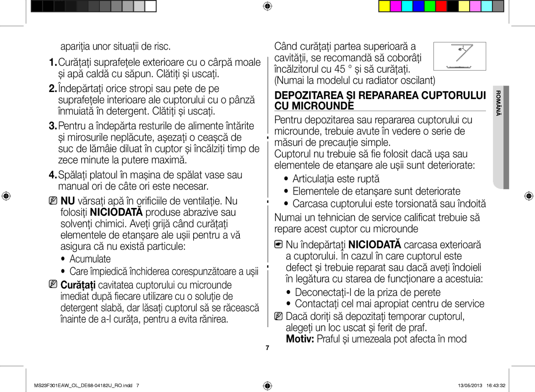 Samsung MS23F301EAK/OL, MS23F301EAW/OL manual Depozitarea şi repararea cuptorului cu microunde 