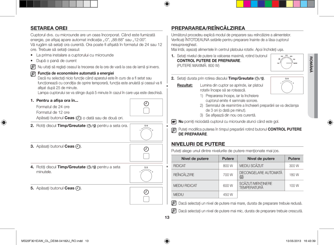 Samsung MS23F301EAK/OL, MS23F301EAW/OL Setarea orei, Prepararea/Reîncălzirea, Niveluri de putere, Pentru a afişa ora în 