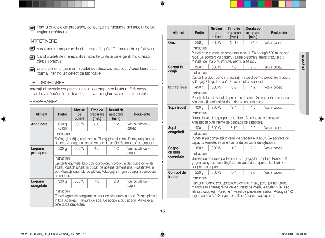 Samsung MS23F301EAK/OL, MS23F301EAW/OL manual Întreţinere, Decongelarea, Prepararea 