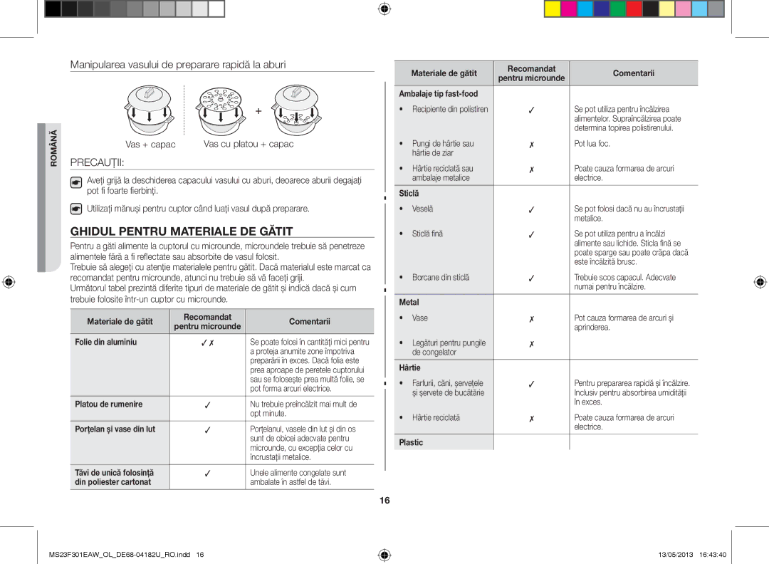 Samsung MS23F301EAW/OL manual Ghidul pentru materiale de gătit, Precauţii, Trebuie folosite într-un cuptor cu microunde 