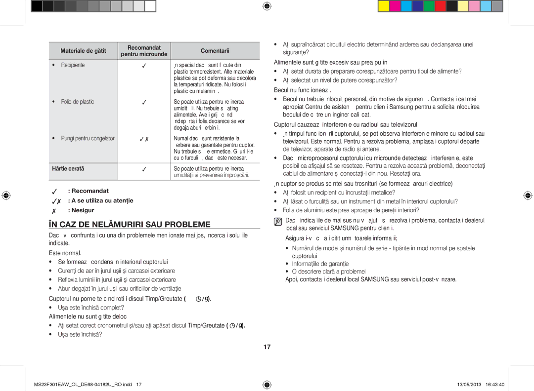 Samsung MS23F301EAK/OL manual În caz de nelămuriri sau probleme, Cuptorul cauzează interferenţe cu radioul sau televizorul 